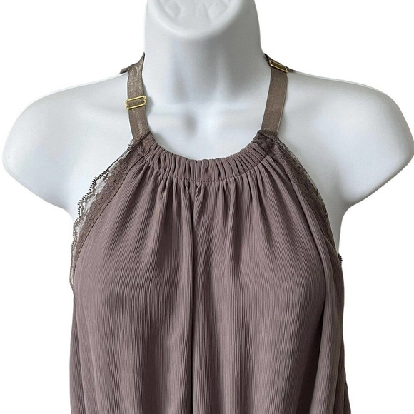 VICTORIA’S Secret Taupe Crinkled Lace Halter Tank Top S/P Ruffled Hem Semi Sheer - Picture 3 of 9